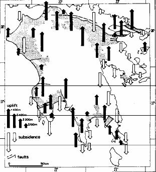 Εικόνα 2.22: Μεταπλειοκαινικές κατακόρυφες κινήσεις της Πελοποννήσου. Τα µαύρα Βέλη δείχνουν ανύψωση τα άσπρα Βέλη καταβύθιση. ιάστικτες περιοχές: Νεογενή ιζήµατα (Κelletat et al. 1978).