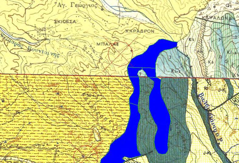 Εικόνα 6.14: Γεωλογικός χάρτης της περιοχής Μπάλλα όπου διακρίνεται η θέση της πηγής και η υδρογεωλογική λεκάνη που αυτή αποστραγγίζει.