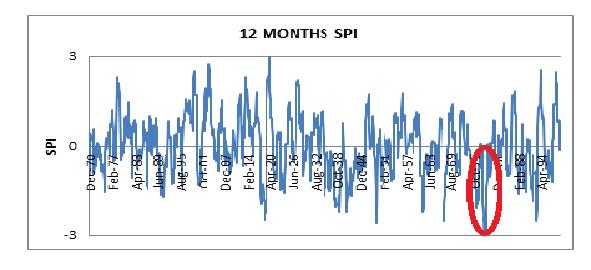 Διάγραμμα 36: Υπολογισμός Δείκτη Ξηρασίας SPI ανά δώδεκα μήνες Διαπιστώνοντας ένα τόσο έντονο φαινόμενο ξηρασίας, δε θα ήταν ανέφικτο να μην γίνει μία μικρή έρευνα όσον αφορά τις επιπτώσεις που θα