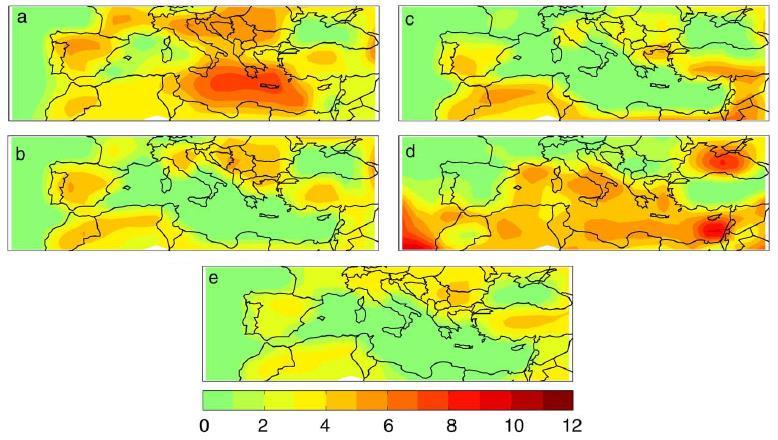 Εικόνα 5: Διαφορά στη, (a) μέγιστη, (b) μέση και (c) ελάχιστη, μέση ετήσια θερμοκρασία μεταξύ 1961-1990 και 2031-2060, κλιματικό μοντέλο HadCM3 A2/B2 (Giannakopoulos et al,2009)