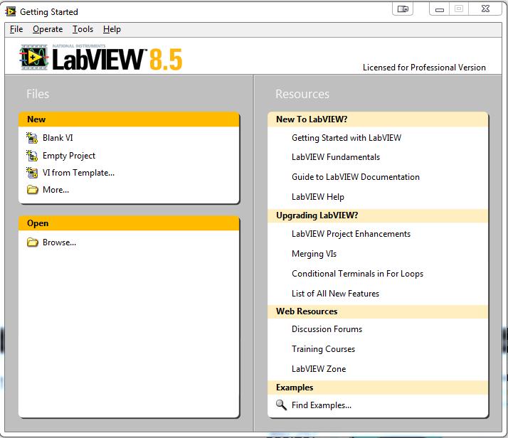 1.2 Πρώτη επαφή με το LabVIEW (startup) Όταν γίνεται η εκκίνηση του προγράμματος του LabVIEW, προβάλλεται η παρακάτω εικόνα για την έκδοση LabVIEW 8.5. Εικόνα 1.