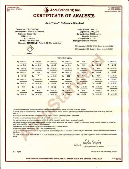 Certificate of Analysis Sample: Single Element ICP Directly traceable to NIST SRM s - where available Most Single element