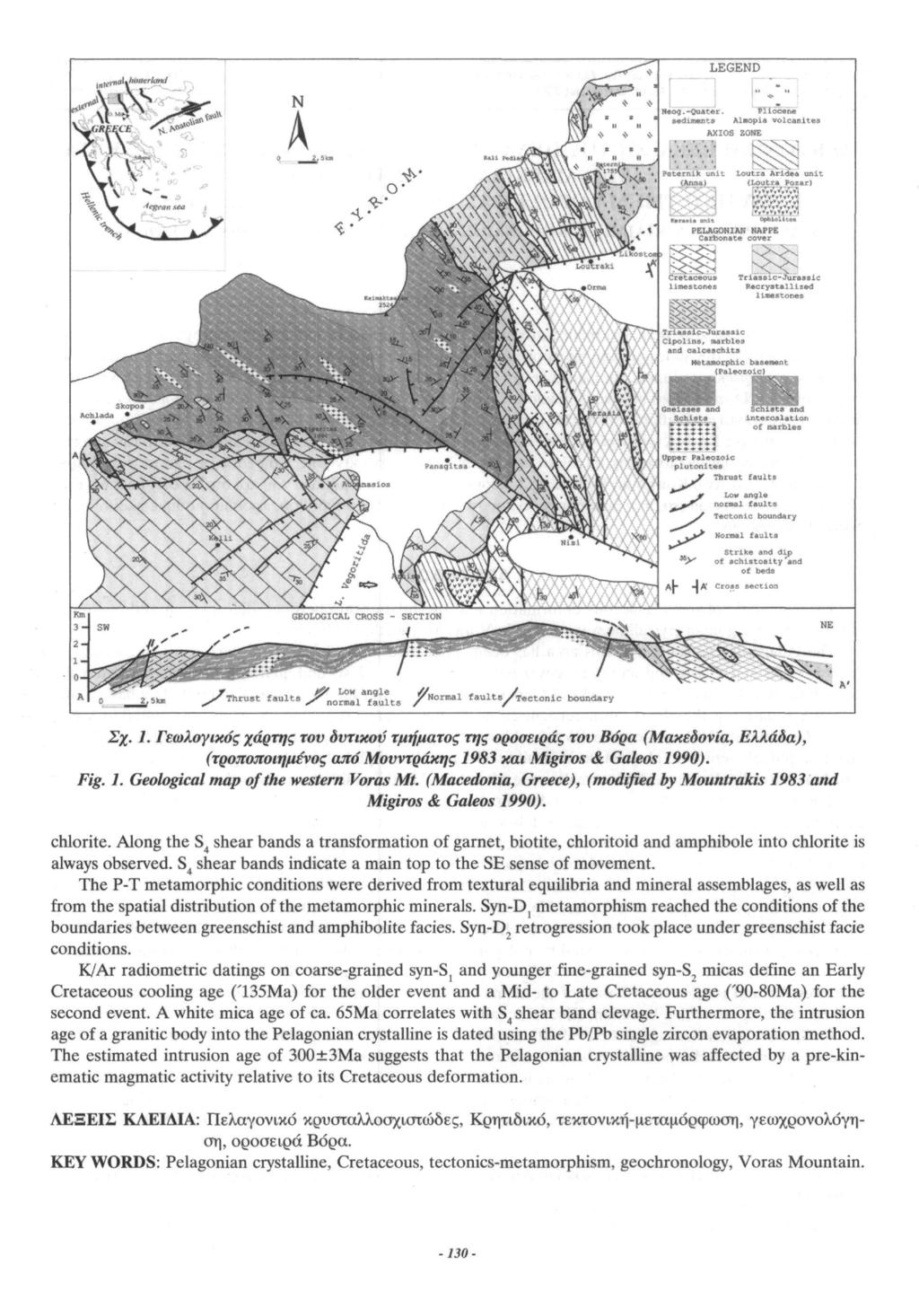 Σχ. 1. Γεωλογικός χάρτης τον δντικον τμήματος της οροσειράς τον Βάρα (Μακεδονία, Ελλάδα), (τροποποιημένος από Μονντράκης 1983 και Migiros & Galeos 1990). Fig. 1. Geological map of the western Voras Mt.