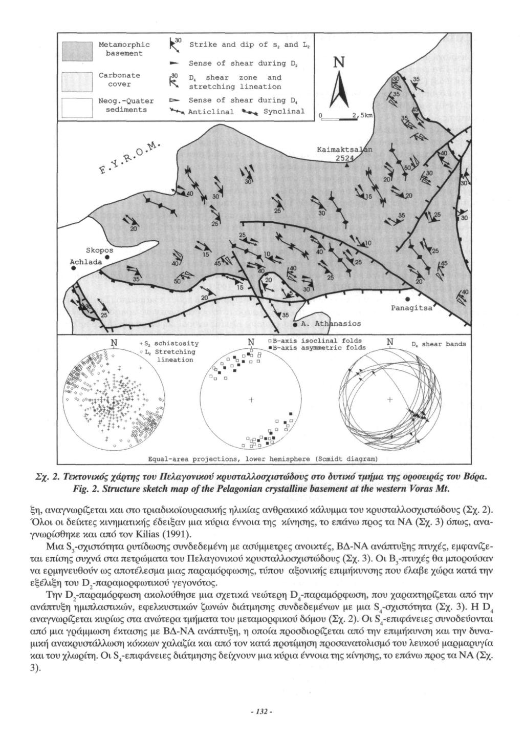 Σχ. 2. Τεκτονικός χάρτης του Πελαγονικοϋ κρυσταλλοσχιστώδους στο δυτικό τμήμα της οροσειράς του Βόρα. Fig. 2. Structure sketch map of the Pelagonian crystalline basement at the western Voras Mt.