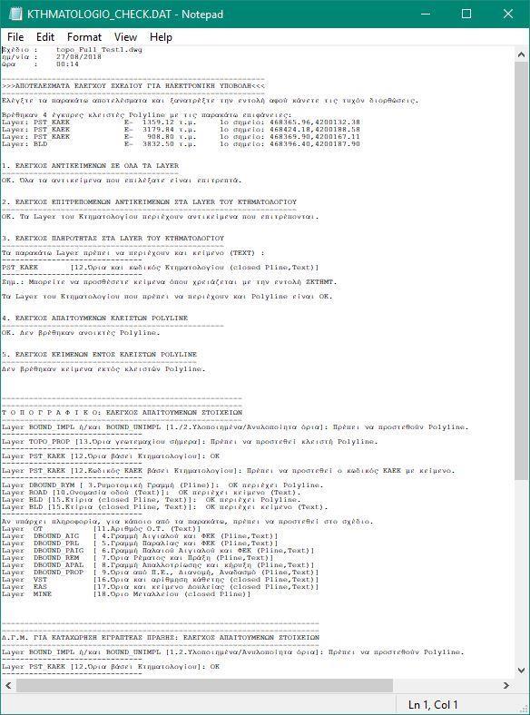 αυτόματα : Αναγράφονται οι επιφάνειες και τα στοιχεία όσων έγκυρων κλειστών Polyline βρεθούν. Έλεγχος μη επιτρεπτών αντικειμένων. Έλεγχος αντιστοίχισης αντικειμένων στα κατάλληλα Layer.