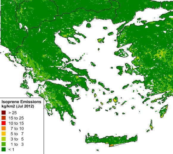 Σχήμα 5.15 Χωρική κατανομή των βιογενών εκπομπών ισοπρενίου, μονοτερπενίων και άλλων πτητικών οργανικών ενώσεων τον Ιούλιο 20