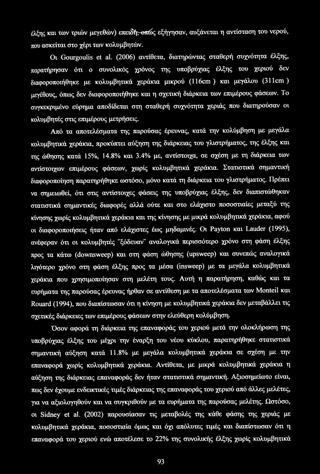 διαφοροποιήθηκε και η σχετική διάρκεια των επιμέρους φάσεων. Το συγκεκριμένο εύρημα αποδίδεται στη σταθερή συχνότητα χεριάς που διατηρούσαν οι κολυμβητές στις επιμέρους μετρήσεις.