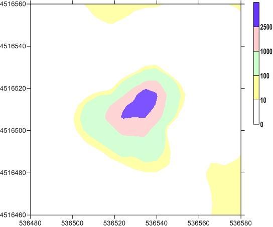 Εικόνα 24: Χάρτης κατανομής της εκροής του CO2 (σε g/m 2 /μέρα): μεγεθυμένη εικόνα της περιοχής μεγαλύτερης