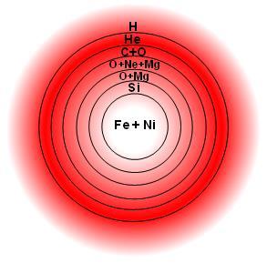 ASTRONOMÍA ASTRONOMÍA 2.- Se a masa da estrela (9 e 30 M solares). A temperatura no seu interior é suficiente como para queimar os elementos resultantes do proceso triple alfa ata chegar ó Fe.