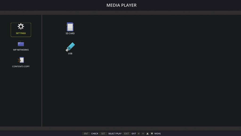 Media Player (Συσκευή Αναπαραγωγής Μέσων) Αναπαράγει αποθηκευμένα δεδομένα όπως ακίνητες και κινούμενες εικόνες, μουσική παρασκηνίου (BGM) σε μια συσκευή αποθήκευσης USB ή σε κάρτα μνήμης microsd που