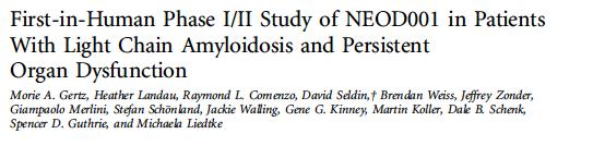 NEOD-001: phase 1/2 clinical efficacy 24mg/kg έγχυση κάθε 28 μέρες Ασθενείς με AL amyloidosis σε αιματολογική ανταπόκριση και εμμένουσα