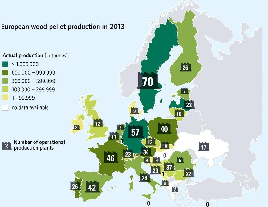 Στον παρακάτω χάρτη (Σχήμα 2.5) διακρίνεται η παραγωγή της κάθε χώρας μέλος της ΕΕ για το έτος 2013, καθώς και ο αριθμός των εγκαταστάσεων επεξεργασίας.