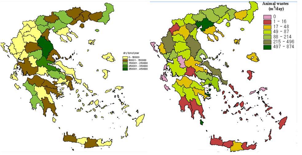 Σχήμα 2.11: Αριστερός χάρτης η ετήσια παραγωγή βιομάζας από γεωργικά απόβλητα σε τόνους/έτος για κάθε Νομό/Δεξής χάρτης ετήσια παραγωγή ζωικών αποβλήτων σε κυβικά μέτρα/μέρα για κάθε Νομό [37]. 2.1.3 Δημοτικά-αστικά απόβλητα Τα Δημοτικά-Αστικά απόβλητα ήταν, είναι και θα είναι ένα αναπόφευκτο παραπροϊόν της κοινωνίας.