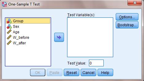 با کلیک بر روی گزینه One-Sample T-test پنجره زیر باز می شود.