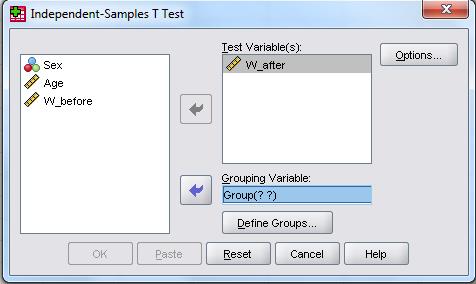 در پنجره باز شده یک متغیر را به کادر Test Variable می بریم و در کادر Grouping by متغیر گروه بندی را منتقل می کنیم.
