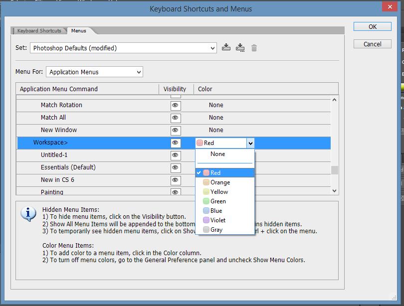 Παράδειγμα: έστω ότι χρησιμοποιείτε συχνά την εντολή workspace και θέλετε να την χρωματίσετε κόκκινη, τότε θα πρέπει να επιλέξετε Window Workspace Keyboard Shortcuts and Menus κλικ στα Μenus