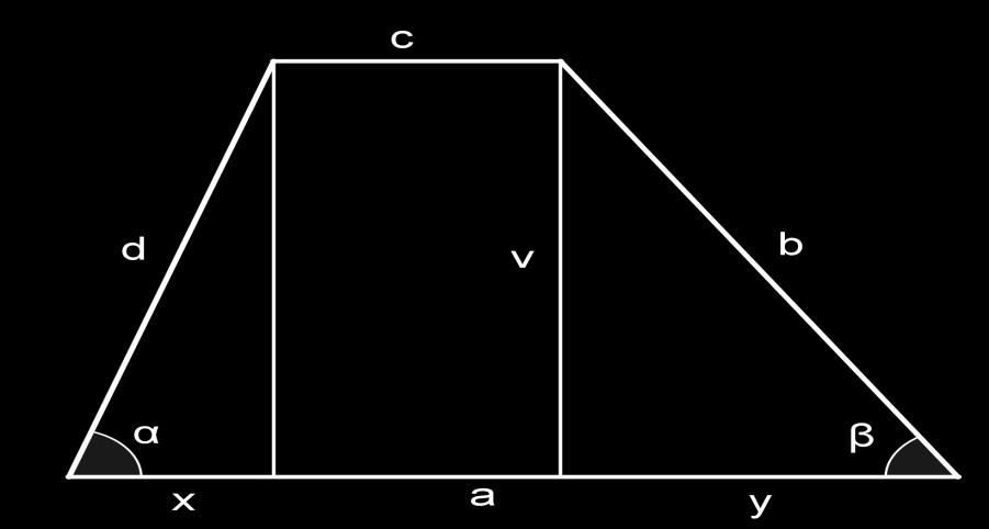 3. Duljine osnovica trapeza jednake su 12,5 cm i 4 cm, a dva šiljasta kuta jednaka su 72 i 58. Izračunaj površinu tog trapeza. a = 12,5 cm c = 4 cm α = 72 β = 58 P =?