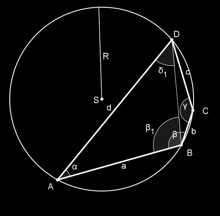 5. U tetivnom je četverokutu a = 7 cm, c = 4 cm, α = 35 6'54'', R = 5 cm.