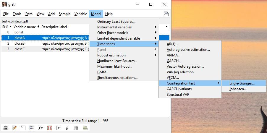 closec Έλεγχος Συνολοκλήρωσης GRETL Δ1 Στο GRETL για τον έλεγχο συνολοκλήρωσης η εντολή είναι στο μενού: Model/Time series/cointegration test/engle-granger closea 1400 1300 1200 1100 1000 900 Μετοχή