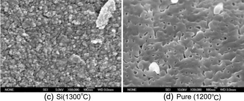 SEM image f varius aluminas; (a) Si dped alumina sintered at 1,000 C, (b) Si dped alumina sintered at 1,200 C, (c) Si dped alumina sintered at 1,300 C, and (d) pure α-alumina at 1,200 C.