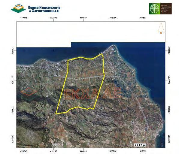 Χάρτης 2: Επιλεγμένη περιοχή Αρκίτσας. Εμβαδόν: 6.621.164,25 τ.μ. 3.4 Παράθεση ορθοφωτοχαρτών κτηματογράφησης Μετά την επιλογή των περιοχών μελέτης και κατόπιν αίτησης μας προς την Ε.Κ.ΧΑ. Α.Ε., μας δόθηκαν τα στοιχεία βάση των οποίων πραγματοποιήθηκε η μελέτη Κτηματογράφησης.