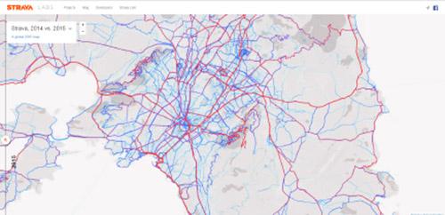 Εικόνα 1 Οπτικοποίηση Δεδομένων Strava Heat Map: Aθήνα 2014 Εικόνα 2 Οπτικοποίηση Δεδομένων Strava Heat Map: Aθήνα 2015 Στην περίπτωση της Θεσσαλονίκης παρατηρείται διατήρηση των ανάλογων διαδρομών