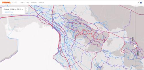 Εικόνα 3 Οπτικοποίηση Δεδομένων Strava Heat Map: Θεσσαλονίκη 2014 Εικόνα 4 Οπτικοποίηση Δεδομένων Strava Heat Map: Θεσσαλονίκη 2015 Στην περίπτωση των κύριων πόλεων της Κρήτης, Χανιά, Ρέθυμνο,