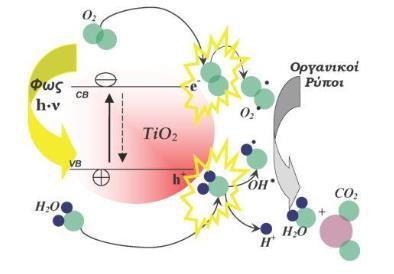Ο - 2 + H + OOH (1.6) OOH + H + H 2O 2 + CO 2 (1.7) Ο - 2 + pollutant CO 2 + H 2O (1.8) OOH + pollutant CO 2 + H 2O (1.9) Σχήμα 1.6: Φωτοκατάλυση χρησιμοποιώντας TiO 2.
