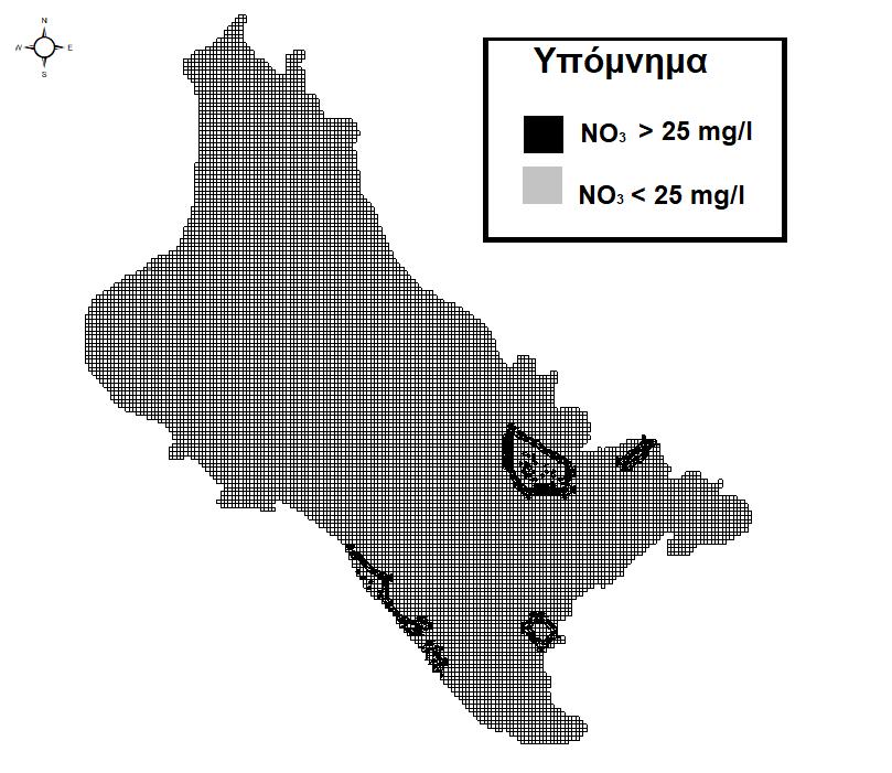 Αποτελέσματα Συγκέντρωση νιτρικών για το 1 ο σενάριο διαχείρισης (τοποθεσίες με συγκέντρωση νιτρικών 25 mg/l) Συγκέντρωση νιτρικών για το 2 ο σενάριο διαχείρισης (τοποθεσίες με