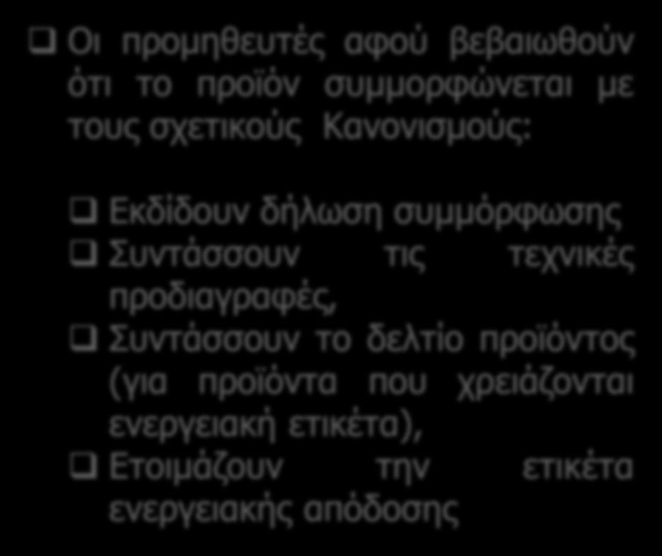 Υποχρεώσεις Προμηθευτών Οι προμηθευτές αφού βεβαιωθούν ότι το προϊόν συμμορφώνεται με τους σχετικούς Κανονισμούς: Εκδίδουν δήλωση συμμόρφωσης Συντάσσουν τις τεχνικές προδιαγραφές, Συντάσσουν το