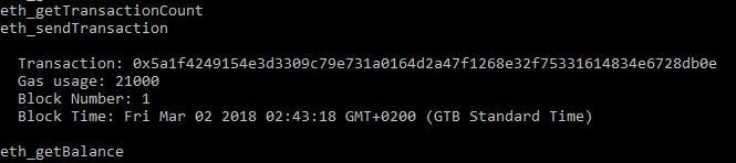 Μετά την ολοκλήρωση της αποστολής ether μπορούμε να δούμε στην πιο κάτω εικόνα τα δεδομένα που αποθηκεύονται στο Blockchain μέσα από το εικονικό δίκτυο