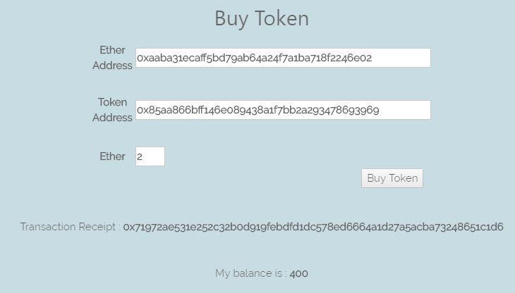 Μόλις πατήσουμε το κουμπί Buy Token δημιουργείτε μια απόδειξη της συναλλαγής και παρουσιάζεται το Balance της διεύθυνσης μας.