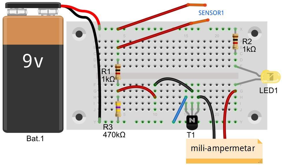 2. Kao i maloprije, palcima i kažiprstima uhvatite gole bakrene vrhove osjetila SENSOR1. Neka je stisak lagan tako da na mjernom instrumentu čitate od 3μA do 5μA struje. 3. Ispunite drugi redak tablice 1.