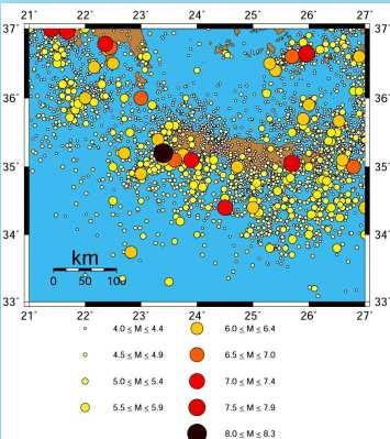 Για την ποιοτική εκτίμηση της σεισμικότητας στην ευρύτερη περιοχή παρουσιάζονται στον παρακάτω χάρτη η γεωγραφική κατανομή των επικέντρων των επιφανειακών και ενδιάμεσου βάθους σεισμών το διάστημα