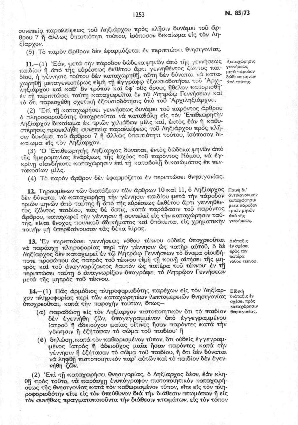 1253 Ν. 85/73 συνεπεία παραλείψεως του Ληξιάρχου προς κλήσιν δυνάμει του άρθρου 7 ή άλλως ύπαιτιότητι τούτου, ίσόποσον δικαίωμα εις τον Ληξίαρχον.