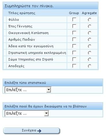 Κεφάλαιο 5 Ανάλυση της διεπαφής χρήστη (web interface) Εικόνα 75: Δημιουργία συνδυαστικών στατιστικών Εδώ αρχικά βλέπει τις κοινές ερωτήσεις των ερωτηματολογίων που επέλεξε και συμπληρώνει τον πίνακα.