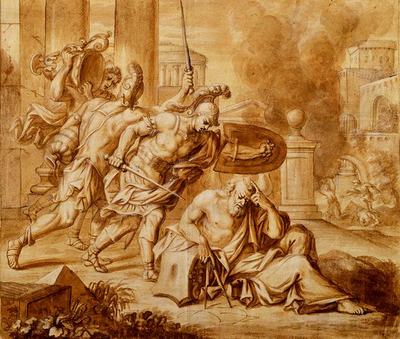 Uccisione di Archimede, disegno del 1683 di Francesco Bovi,; da museogalileo.