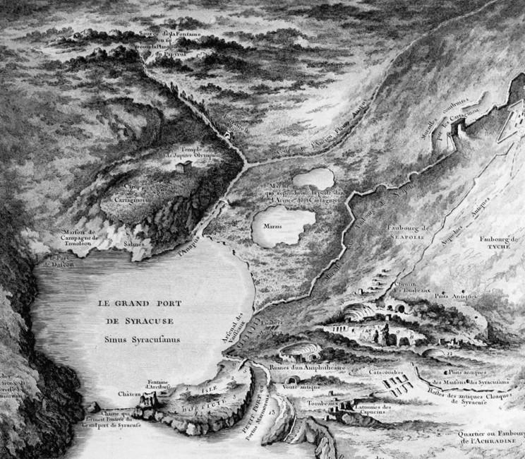 Antica mappa di Siracusa del XVIII secolo con l isola di Ortigia; autore ignoto Archimede.
