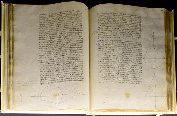 Redazione archimedea di Jacopo da San Cassiano appartenuta a Piero della Francesca: sono visibili le annotazione del matematico e pittore; Firenze, Biblioteca Riccardiana; da una mostra a Roma ai