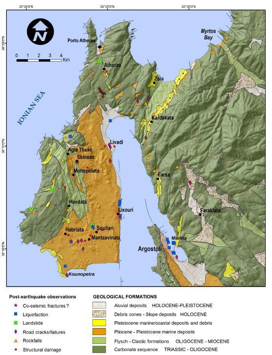 Εικόνα 5.2.1.2: Γεωλογικός χάρτης της δυτικής Κεφαλονιάς που δείχνει την κατανομή των γεωπεριβαλλοντικών επιπτώσεων των σεισμών του 2014 (Valkaniotis et al.