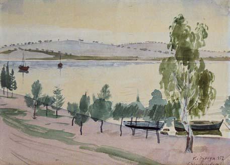 456 455 457 456 ΜΑΝΟΥΣΑΚΗΣ, Γιῶργος, 1914-2003. Κούλουρη. Ὑδατογραφία σέ χαρτί, 240 x 345 mm.
