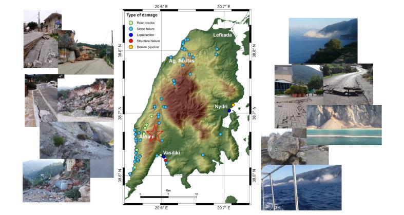 Χάρτης κατανομής των υλικοτεχνικών ζημιών που έγιναν κατά τη διάρκεια του σεισμού της Λευκάδας που έγινε το Νοέμβριο του 2015.