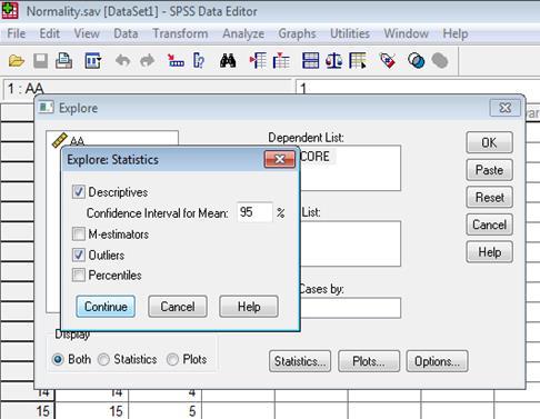 (Dependent List) Επιλέγω Statistics Επιλέγω Outliers Continue Επιλέγω Plots &
