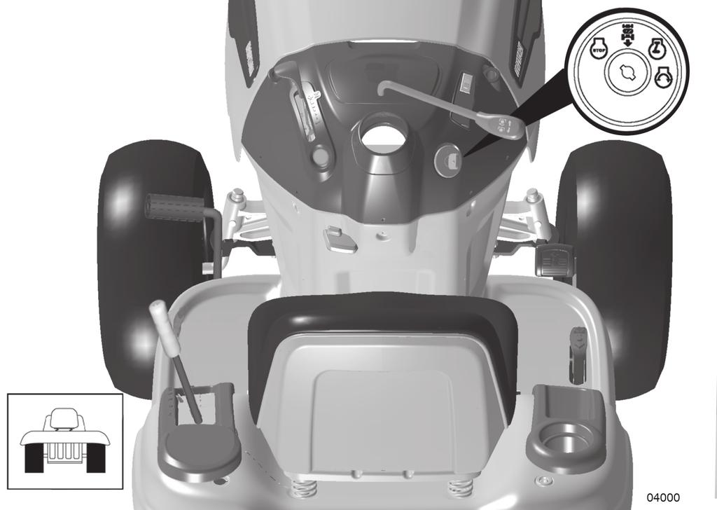 3 2 1 5 11 3 7 6 8 4 9 Placering af betjeningsenhederne 1. Lyskontakt tænd/sluk. 2. Gashåndtag. 3. Bremsepedal 4. Speederpedal (fremadgående)/bakkespeederpedal 5. Ind/udkobling af klipperen 6.