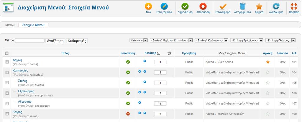 4.5.1 Δημιουργία Μενού Για την δημιουργία των μενού πλοήγησης[3] της ιστοσελίδας θα πρέπει ο χρήστης να μεταβεί στο περιβάλλον του Joomla από την επιλογή Μενού-Διαχείριση Μενού φαίνεται στην παρακάτω
