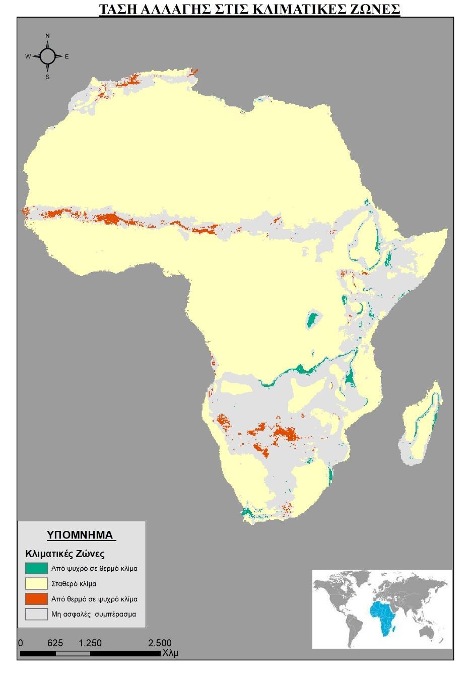 Χάρτης 4: Τάση Αλλαγής στις Κλιματικές Ζώνες της Αφρικής ΣΥΜΠΕΡΑΣΜΑΤΑ Κλιματικές Ζώνες Παρατηρώντας τον χάρτη 1 διακρίνεται εύκολα ότι τα ερημικά-ξηρά κλίματα βρίσκονται σε πληθώρα στην βόρεια Αφρική