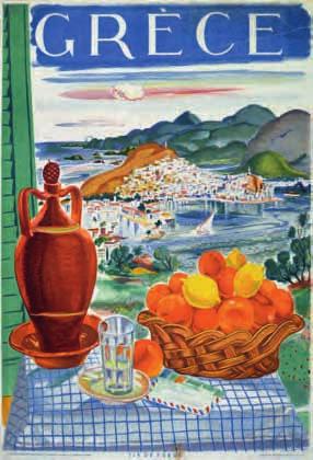 Ile de Mykonos, Grèce. Ἀθήνα, Φοίνιξ, 1949. Χρωμολιθόγραφη ἀφίσα, 797 x 595 mm. (ἐπιδιορθωμένα σχισίματα). Ἔκδοση τῆς Γεν.