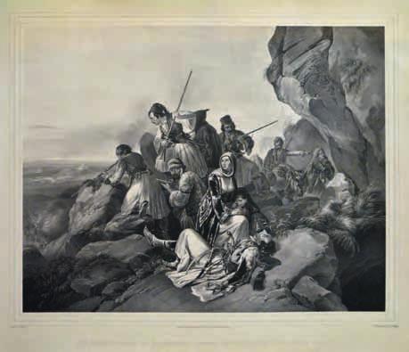 Χαραγμένη σέ σχέδιο τοῦ de Varenne. 400-600 402 402 PERLBERG. [Σκηνή ἀπό τήν Ἑλληνική Ἐπανάσταση]. Μόναχο, Piloty & Loehle, 1840.
