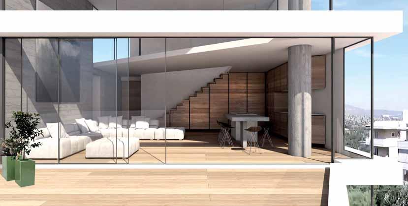 Maisonettes Fourth floor & rooftop Μεζονέτες Τέταρτος όροφος & rooftop C 27,23 m 2 D 52,62 m 2 The unique aesthetic rooftop maisonette consists of a large living room, a dining room and an open-plan