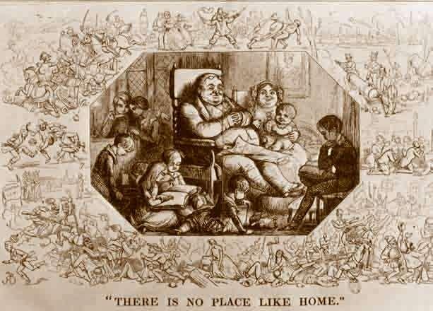 Γελοιογραφία του 1848 από το βρετανικό περιοδικό Παντς με τίτλο: «Τίποτα δεν είναι σαν το σπίτι». Στη μέση μια αστική οικογένεια, ευχαριστημένη και χαμογελαστή.